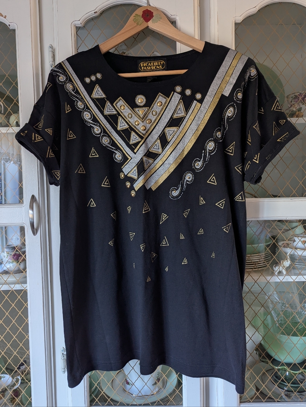 VTG Embellished Bedazzled Oversized Black Tee with Gold & Silver Tribal Accents